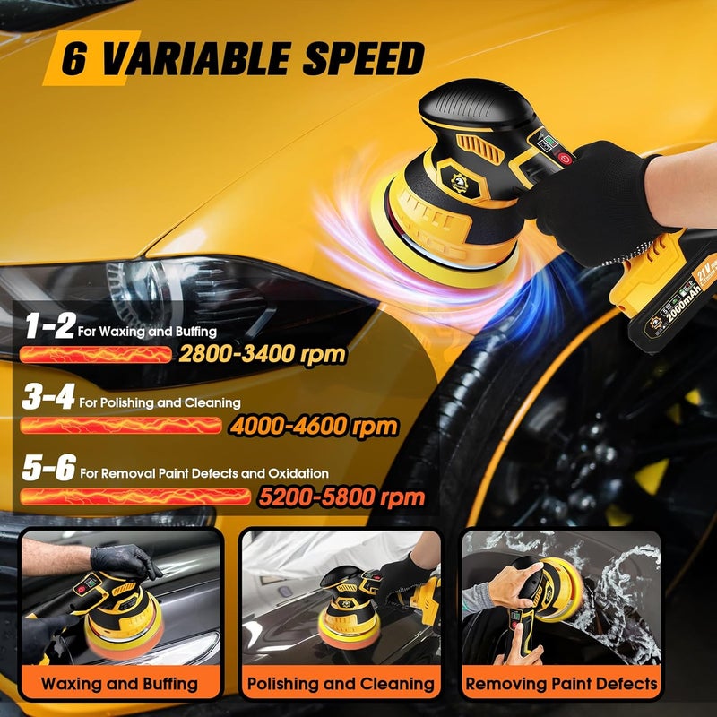 Niusken Cordless Car Buffer Polisher kit [2x 2000mAh 21V Batteries & 18 PCS Attachments] 6-Speed Orbital Design, LED Display, Lightweight Detailing Tool for Waxing, Polishing & Scratch Removal - Image 4